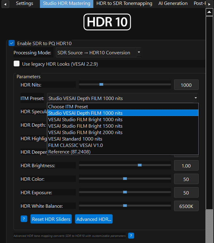 VESAI HDR settings and ITM presets